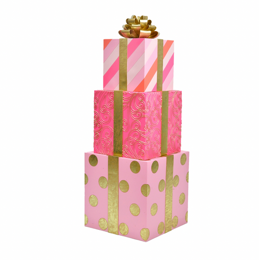 December Diamonds 51" Stacked Pink / Gold / Orange Gift Boxes with Bow Display