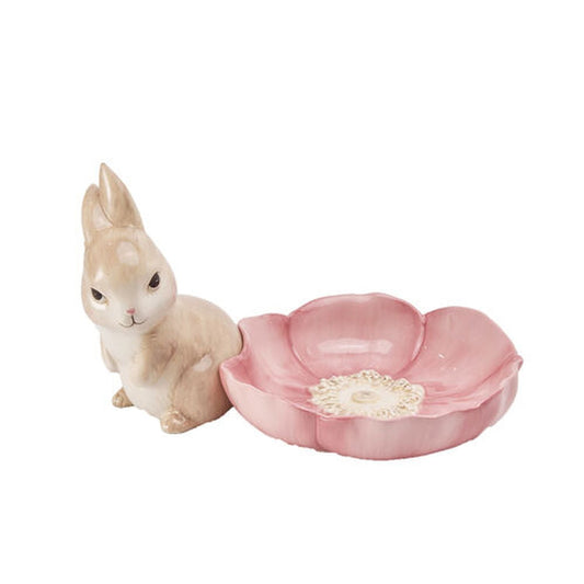 December Diamonds Spring Confections 9" Bunny With Pink Petal Bowl Figurine