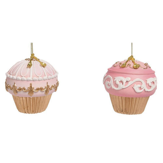 Nutcracker Sweet Shoppe Set Of 2 Assortment Pink Cupcake Ornaments.