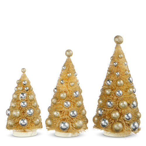2023 Bon Noel 13" Champagne Dusted Bottle Brush Trees With Ornaments, Set of 3