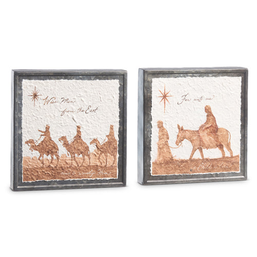 10" Holy Family & Three Wise Men Textured Paper On Galvanized Block, Asst of 2